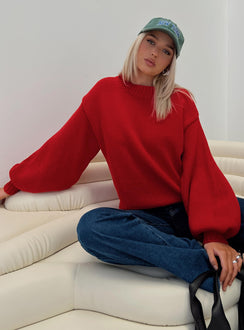 back view of model wearing Princess Polly Harmony Balloon Sleeve Knit Sweater Red Jumpers 