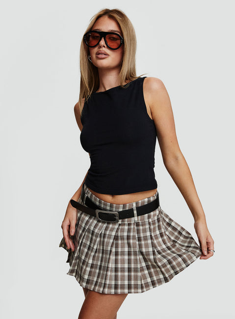   front view of model wearing Princess Polly Envision Pleat Mini Skirt Brown Multi Mini Skirts Skirts 