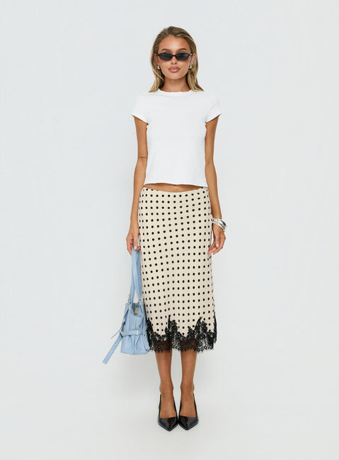 back view of model wearing Princess Polly Downtown Scene Lace Trim Maxi Skirt Cream Polka Midi Skirts Skirts 