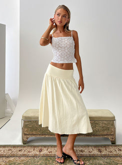   side view of model wearing Princess Polly Heart Of Gold Linen Blend Midi Skirt Lemon Midi Skirts Skirts 