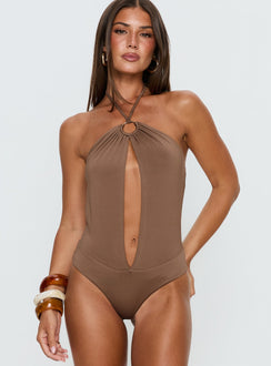 front view of model wearing Princess Polly Damiana Cut Out Bodysuit Brown Sleeveless Bodysuit 