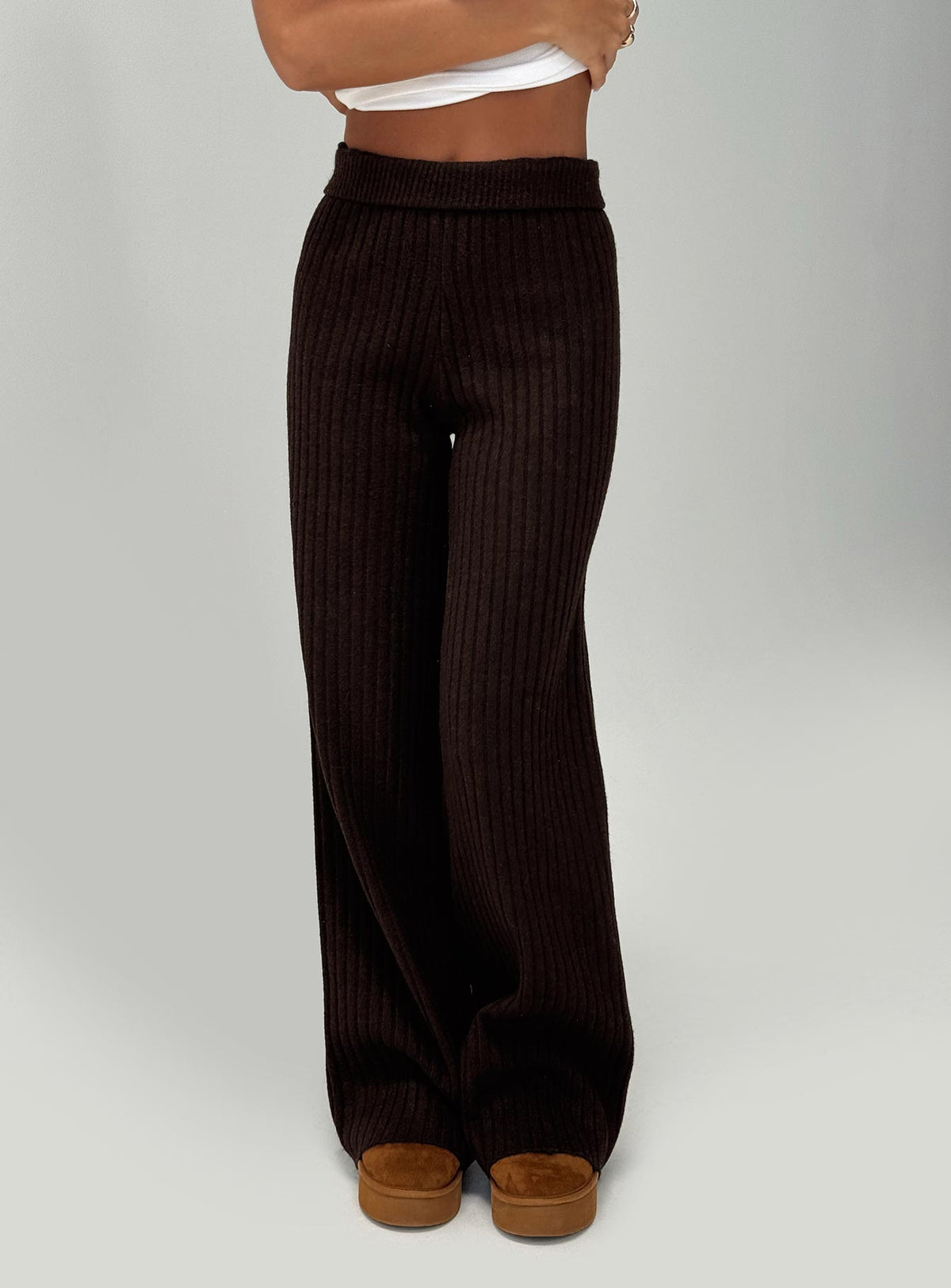 back view of model wearing Princess Polly Montana Knit Pants Chocolate Brown High Rise Pants Pants 