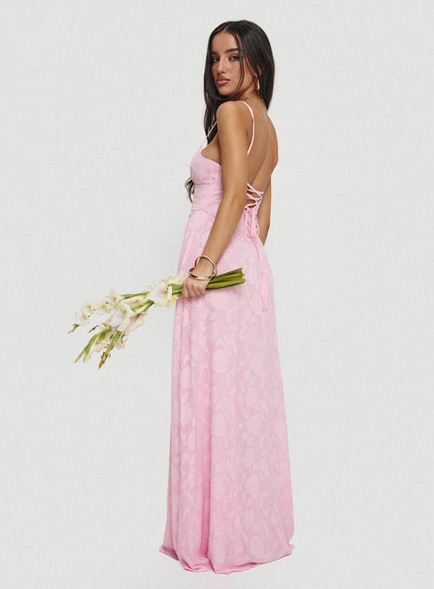 side view of model wearing Princess Polly South Of France Maxi Dress Pink Square Neck 
