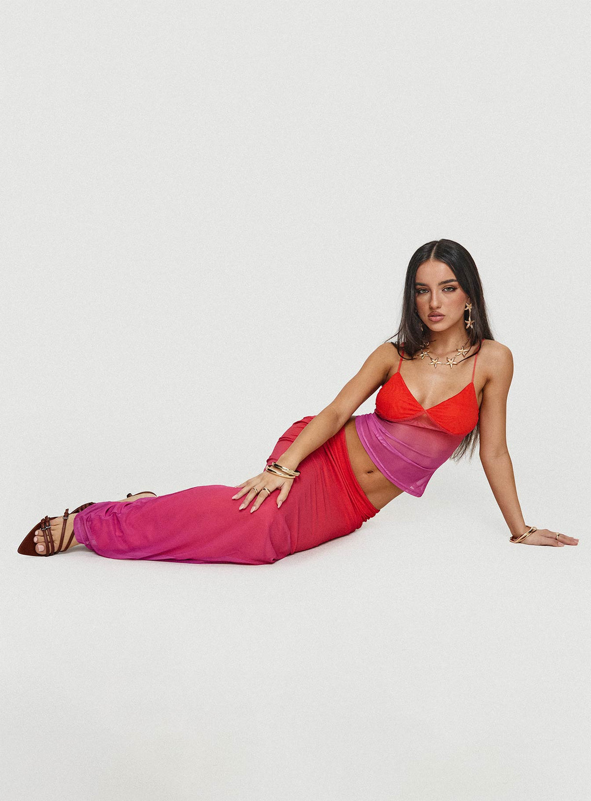   side view of model wearing Princess Polly Teen Spirit Maxi Skirt Pink Ombre Maxi Skirts Skirts 