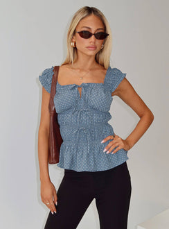 front view of model wearing Princess Polly Scouts Honour Shirred Top Blue / White Short Sleeves Square Neck 
