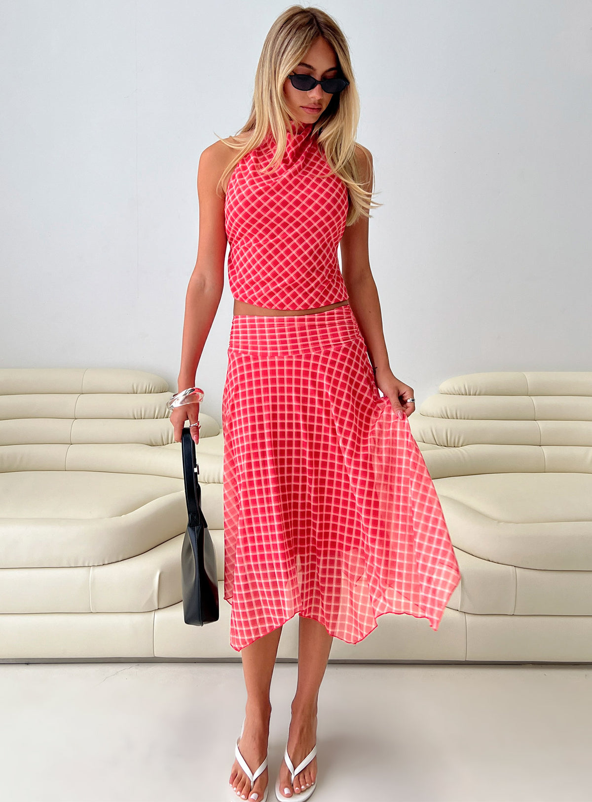   front view of model wearing Princess Polly Scenic Route Asymmetrical Midi Skirt Red Check Midi Skirts Skirts 