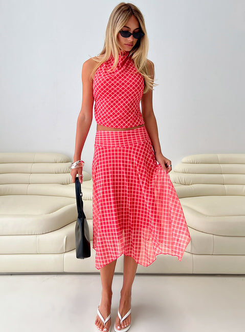  front view of model wearing Princess Polly Scenic Route Asymmetrical Midi Skirt Red Check Midi Skirts Skirts 