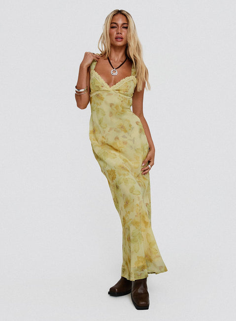 front view of model wearing Princess Polly Fernwood Maxi Dress Yellow Multi Plunger 