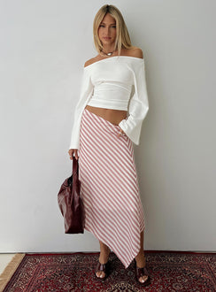   side view of model wearing Princess Polly Gwenora Asymmetrical Midi Skirt Pink Stripe Midi Skirts Skirts 
