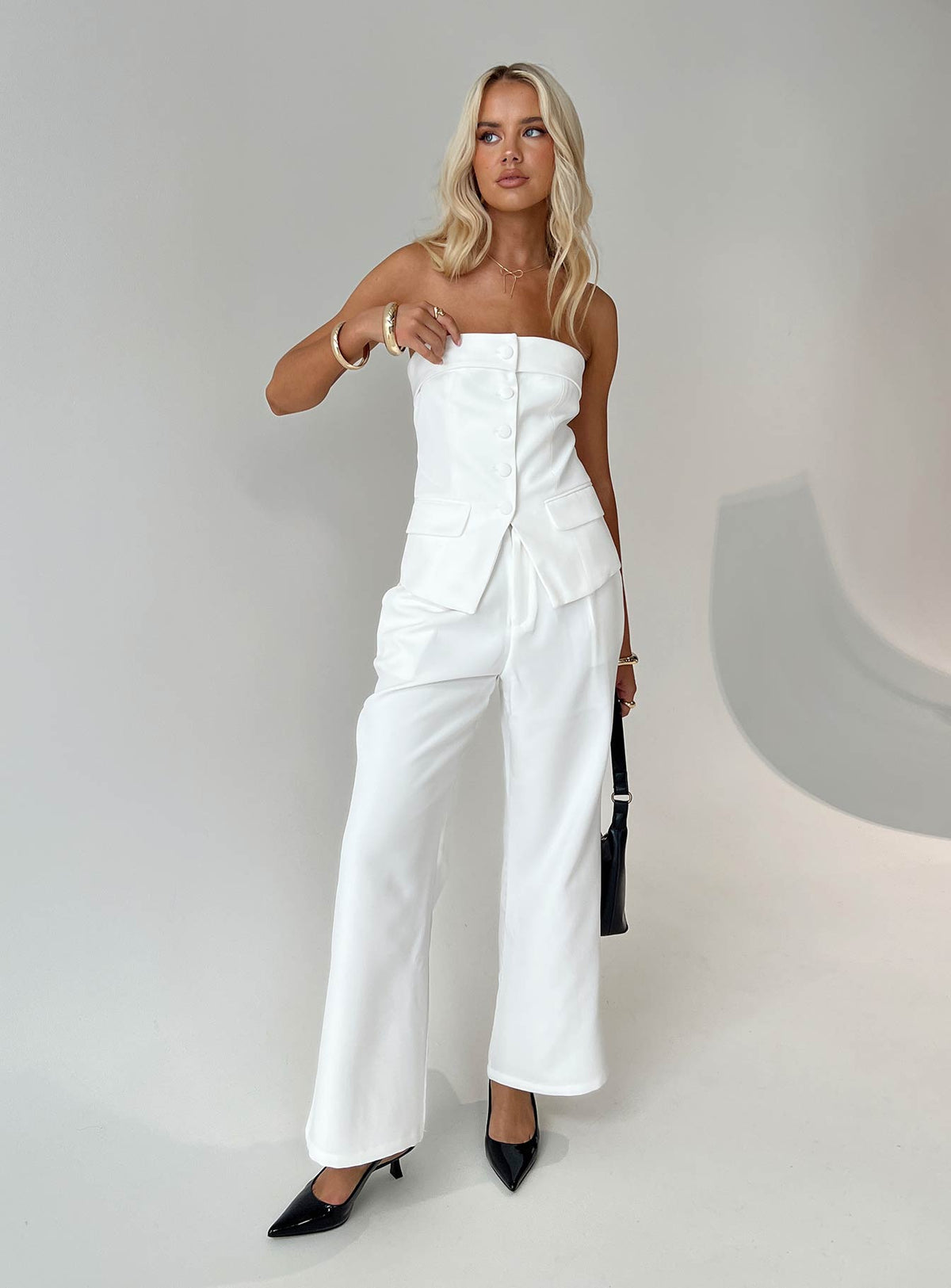 front view of model wearing Princess Polly Jazzar Pocket Detail Pleated Pant White Petite High Rise Pants Pants 