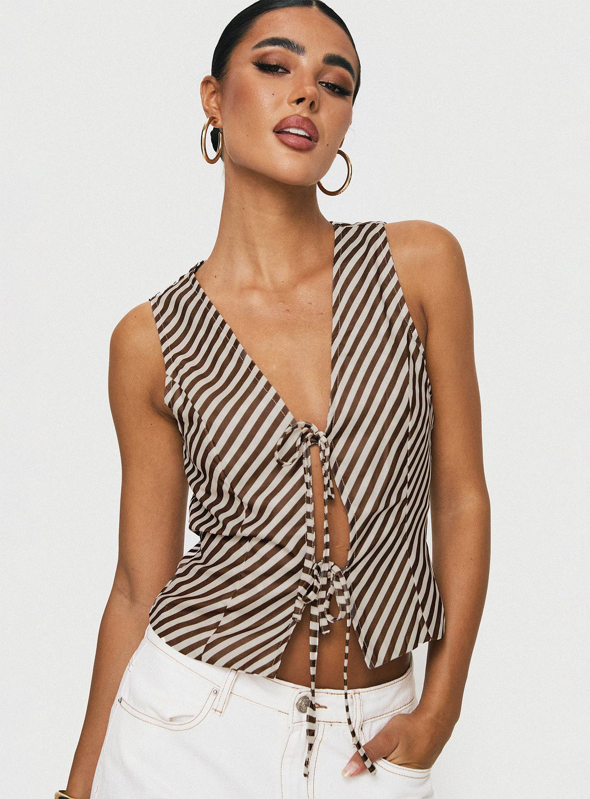 front view of model wearing Princess Polly Lishar Top Brown Stripe Sleeveless V-Neck 