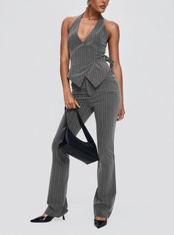 front view of model wearing Princess Polly Calexico Buckle Pant Grey Pinstripe High Rise Pants Pants 