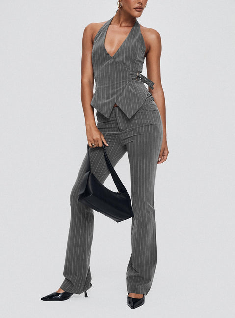 front view of model wearing Princess Polly Calexico Buckle Pant Grey Pinstripe High Rise Pants Pants 