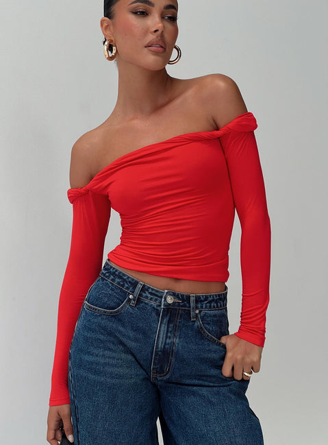 front view of model wearing Princess Polly Dusky Long Sleeve Top Red Full Sleeves straight 