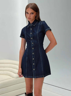 side view of model wearing Princess Polly Perception Denim Mini Dress Mid Wash High Neck 