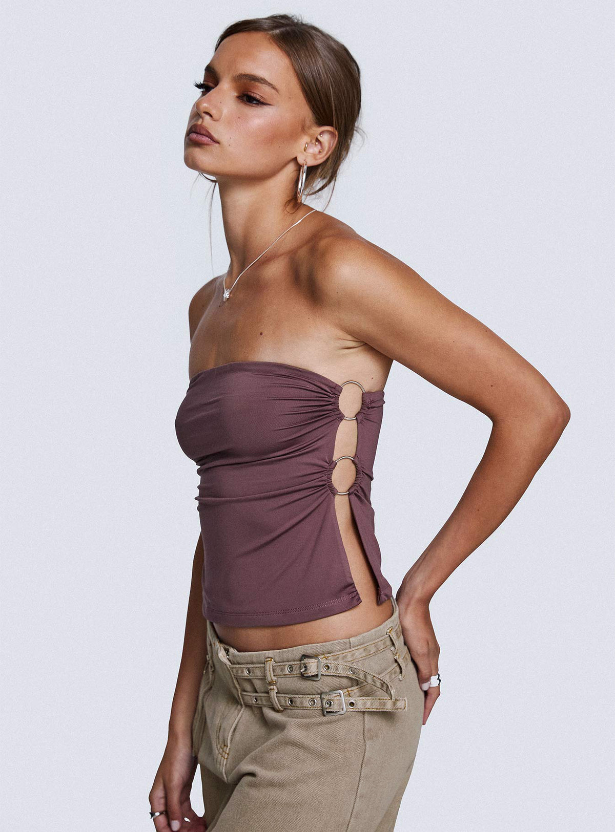 back view of model wearing Princess Polly Round The World Strapless Purple Sleeveless straight 