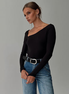 side view of model wearing Princess Polly Look This Good Backless Bodysuit Black Long Sleeve Tops Bodysuit 