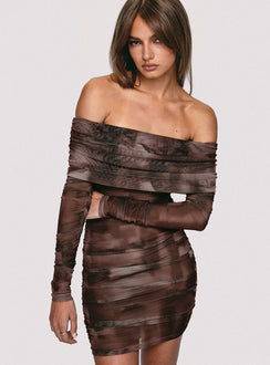 side view of model wearing Princess Polly Raquella Long Sleeve Mini Dress Brown Straight Neck 