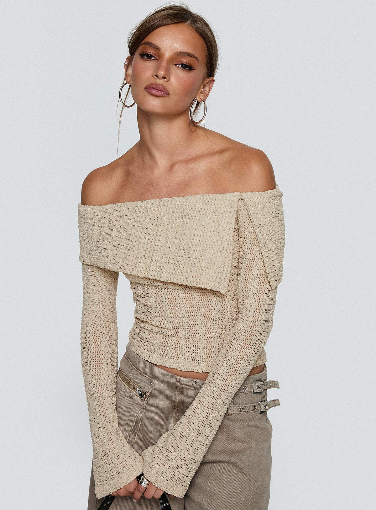 front view of model wearing Princess Polly Cardamom Long Sleeve Top Beige Full Sleeves straight 