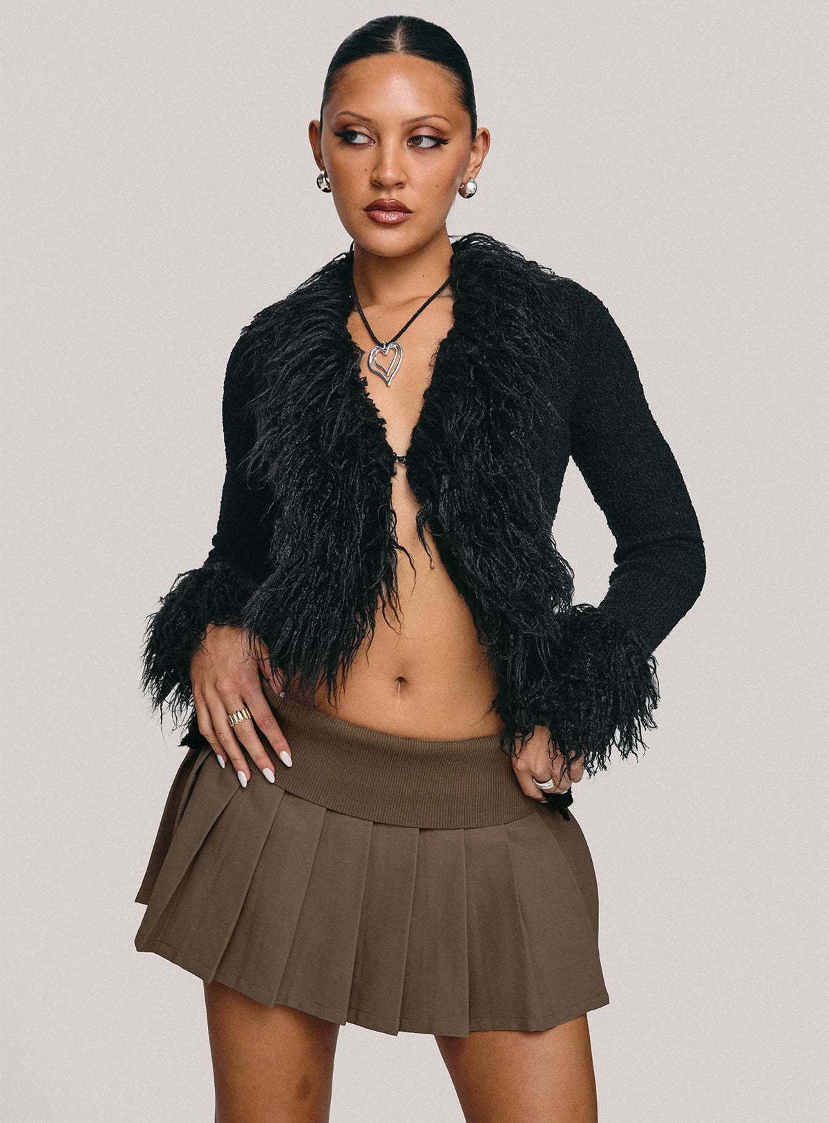 front view of model wearing Princess Polly Fantasies Pleated Mini Skort Grey High Waisted Shorts 