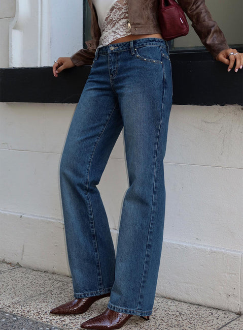 So Dazzling Studded Low Rise Straight Leg Jeans Dark Wash Low Rise Jeans Jeans 