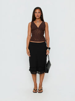   side view of model wearing Princess Polly Clarabella Frill Midi Skirt Black Midi Skirts Skirts 