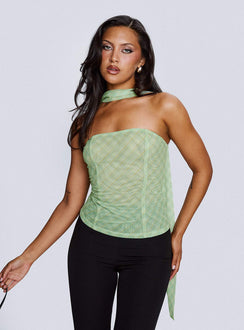 front view of model wearing Princess Polly No Comparison Neck Tie Strapless Top Green Check Sleeveless straight 