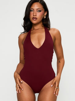 Someone New Halter Bodysuit Burgundy Sleeveless Bodysuit 