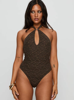 front view of model wearing Princess Polly Libbey Hardware Detail Textured Bodysuit Brown Sleeveless Bodysuit 