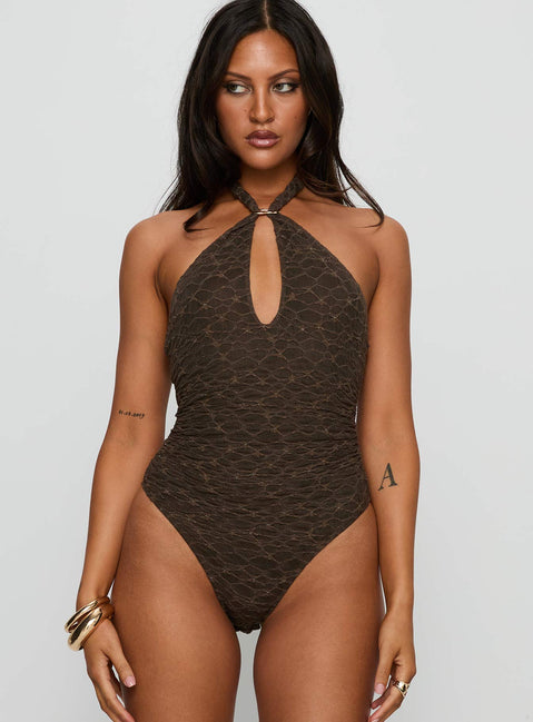 front view of model wearing Princess Polly Libbey Hardware Detail Textured Bodysuit Brown Sleeveless Bodysuit 