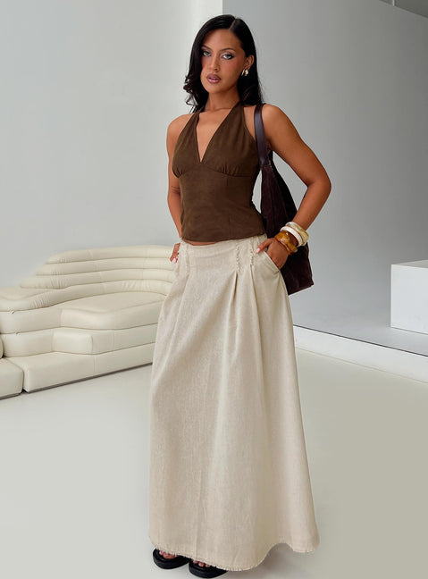   front view of model wearing Princess Polly Bohemian Spirit Maxi Skirt Beige Maxi Skirts Skirts 