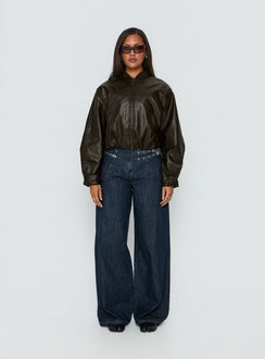 front view of model wearing Princess Polly Paltrow Mid Rise Wide Leg Cargo Jeans Dark Blue Wash Mid Rise Jeans Jeans 