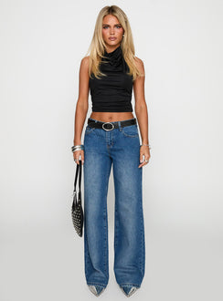 side view of model wearing Princess Polly On Sunset Mid Rise Straight Leg Jeans Dark Wash Mid Rise Jeans Jeans 
