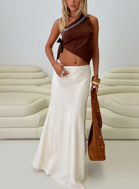 front view of model wearing Princess Polly Frankle Top Chocolate / Blue Sleeveless Asymmetric Neckline 