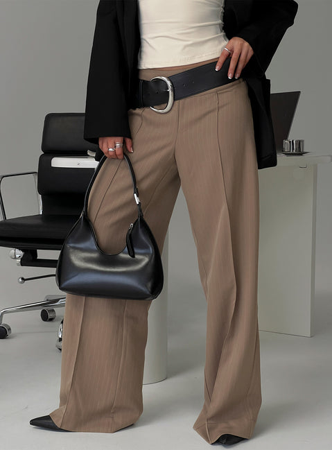 Madelle Mid Rise Straight Leg Pants Brown Pinstripe Mid Rise Pants Pants 