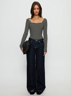 side view of model wearing Princess Polly Donica Square Neck Long Sleeve Bodysuit Grey Stripe Long Sleeve Tops Bodysuit 