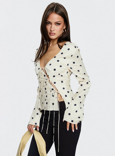 Mariah Long Sleeve Top Cream Polka