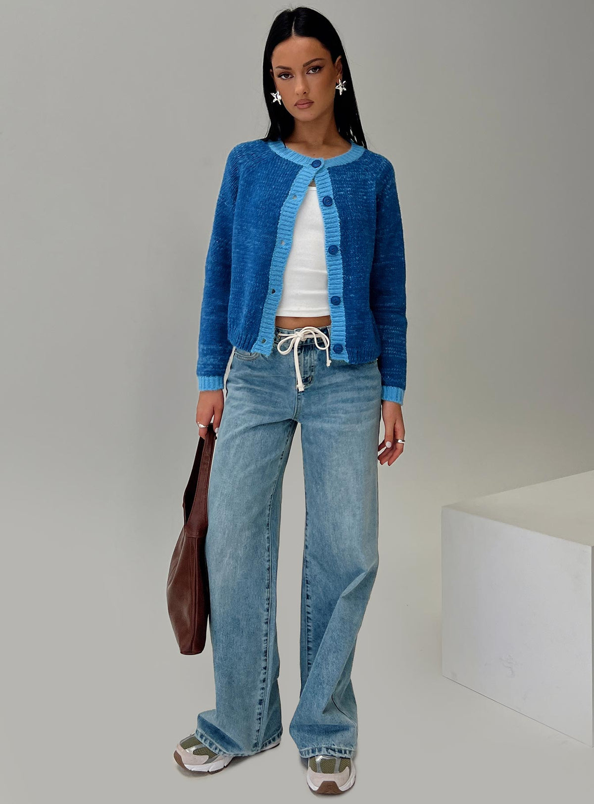 back view of model wearing Princess Polly Oak Meadow Cardigan Blue Jumpers 