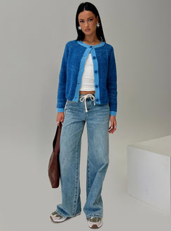 back view of model wearing Princess Polly Oak Meadow Cardigan Blue Jumpers 
