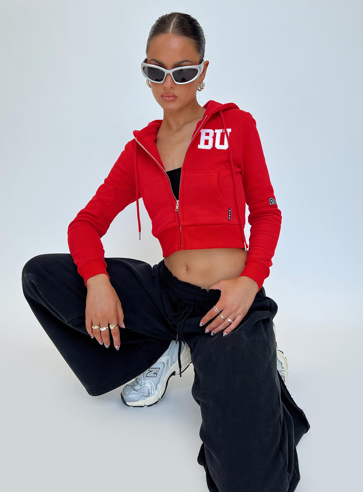 back view of model wearing Princess Polly BU MIA Zip Sweater Red cropped Jumpers 
