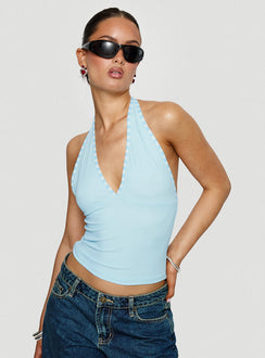 front view of model wearing Princess Polly Mirabelle Top Blue Sleeveless Plunger 