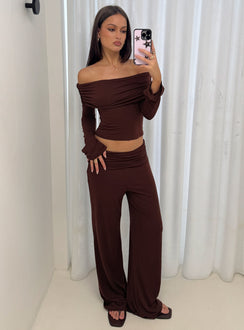 side view of model wearing Princess Polly Fawne Ruched Folded Pants Brown Mid Rise Pants Pants 