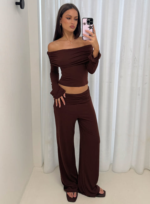 side view of model wearing Princess Polly Fawne Ruched Folded Pants Brown Mid Rise Pants Pants 