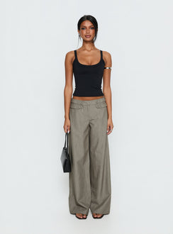 side view of model wearing Princess Polly Jette Tailored Buckle Pant Taupe Pinstripe Mid Rise Pants Pants 