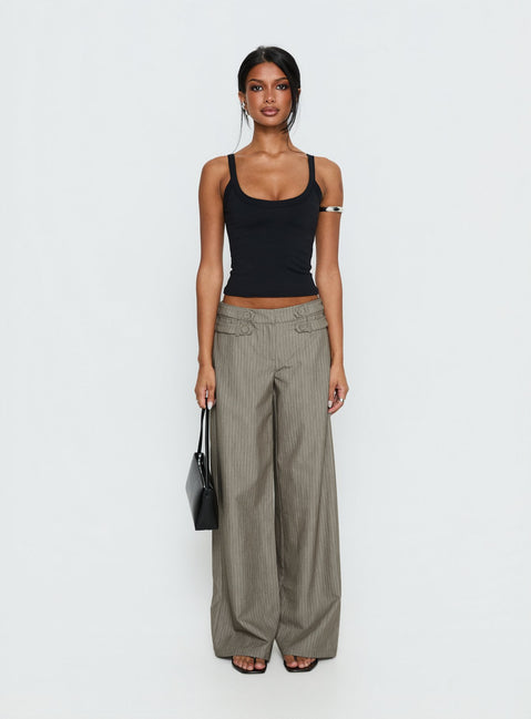 side view of model wearing Princess Polly Jette Tailored Buckle Pant Taupe Pinstripe Mid Rise Pants Pants 