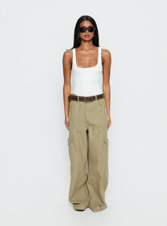 Showcasing the Sylene Pocket Detail Cargo Pants Khaki in womens-regular-pants with high-rise front view of model wearing Princess Polly