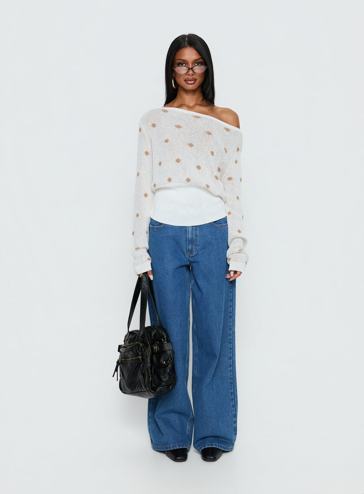 side view of model wearing Princess Polly Harvy Off Shoulder Knit Sweater White Polka regular Jumpers 
