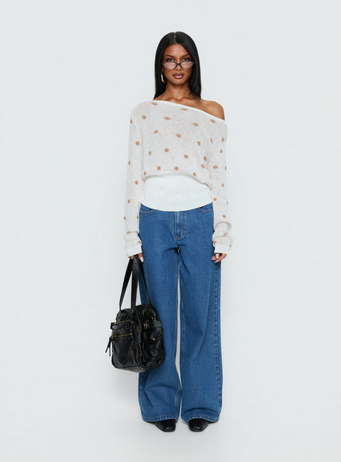 side view of model wearing Princess Polly Harvy Off Shoulder Knit Sweater White Polka regular Jumpers 