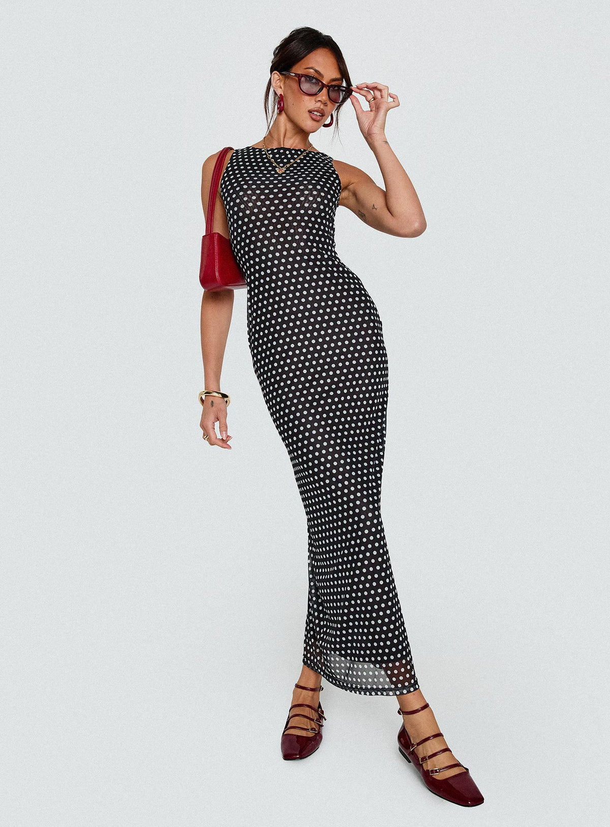 side view of model wearing Princess Polly Top Of Mind Maxi Dress Black Crew Neck 