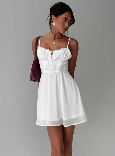back view of model wearing Princess Polly Pure Joy Mini Dress White Scoop Neck 